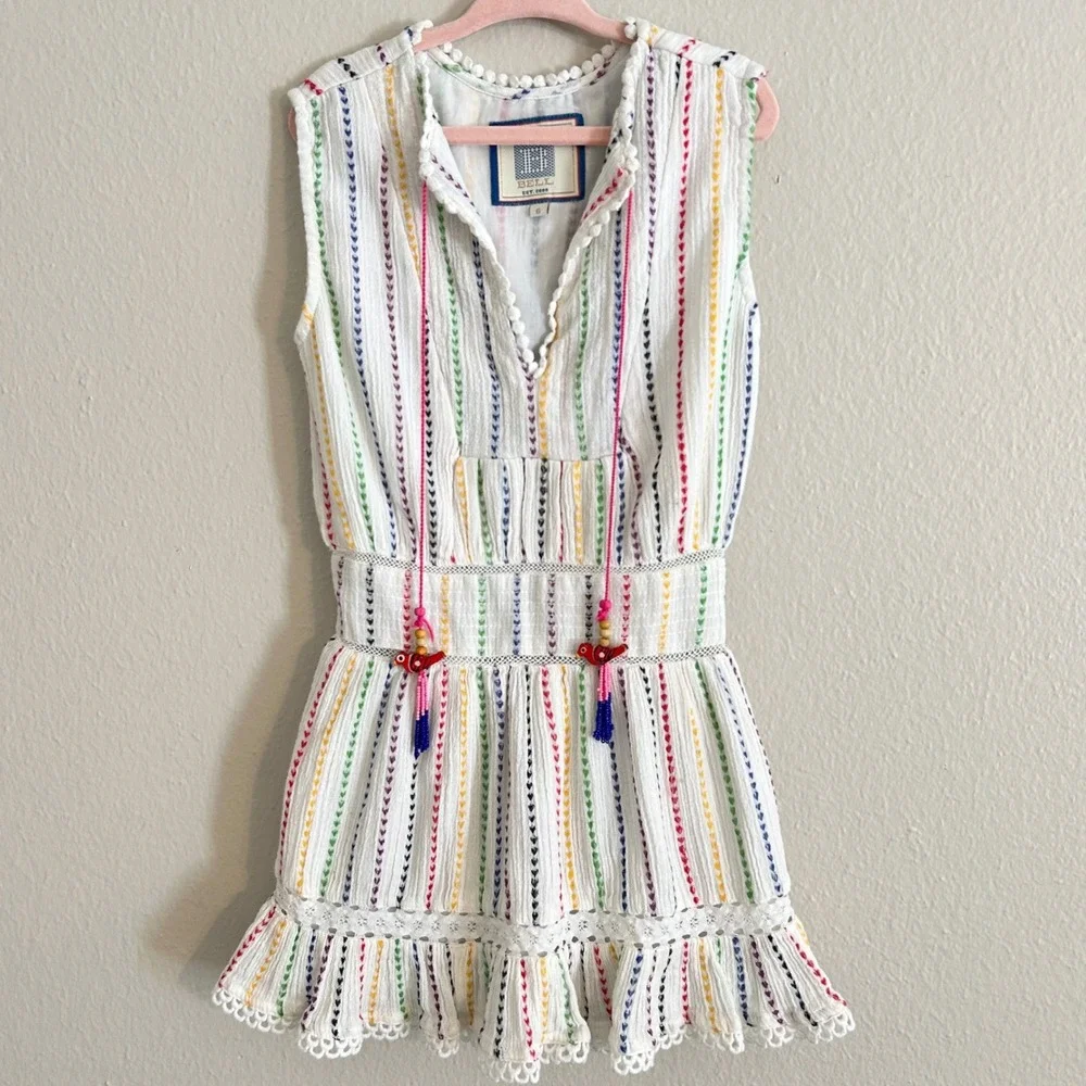 BELL Kids Size 6 Smocked White Rainbow Hearts Cotton Dress Boho‎ Tropical Beach